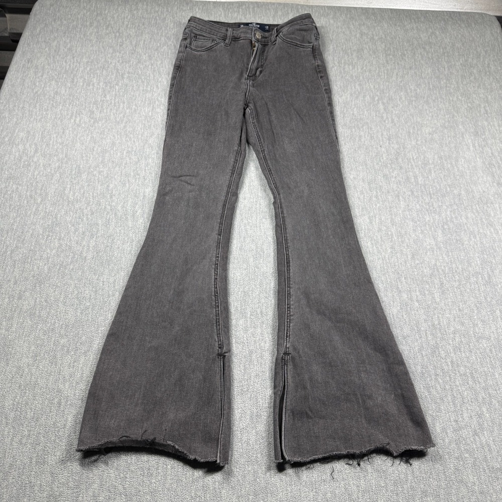 Hollister Jeans Womens 3R W26 L31 Black High-Rise Flare Soft Stretch Raw Hem Den